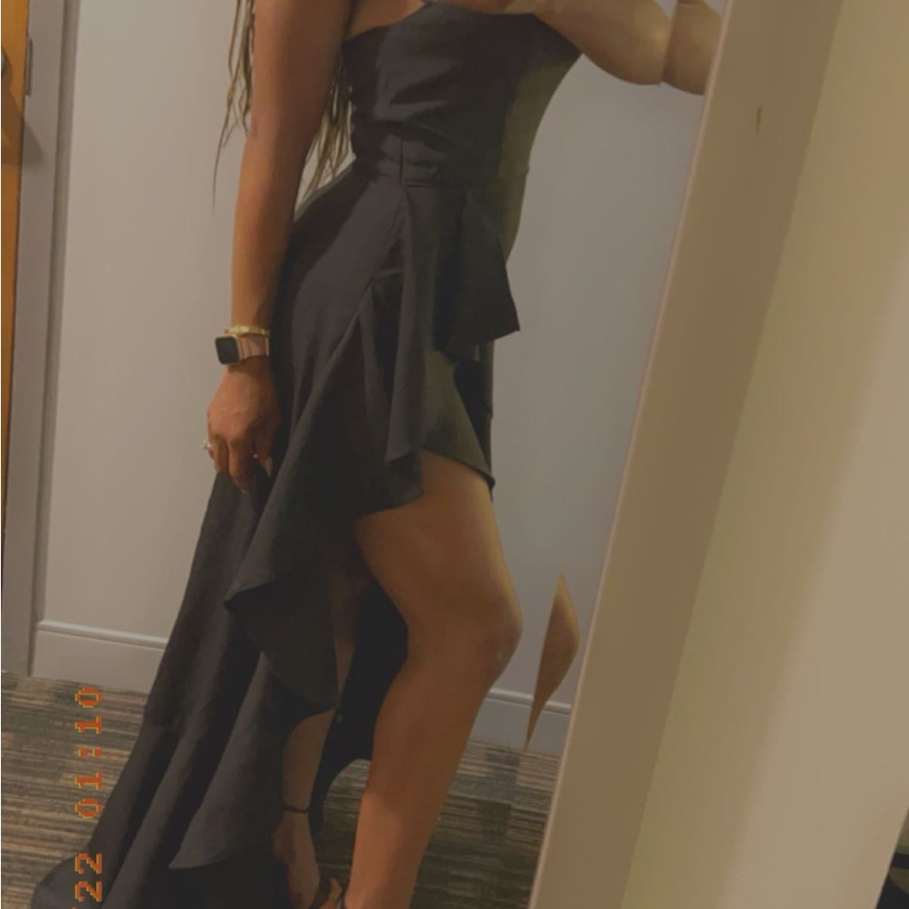 Mac Duggal Black Strapless Gown for Wedding Guest
